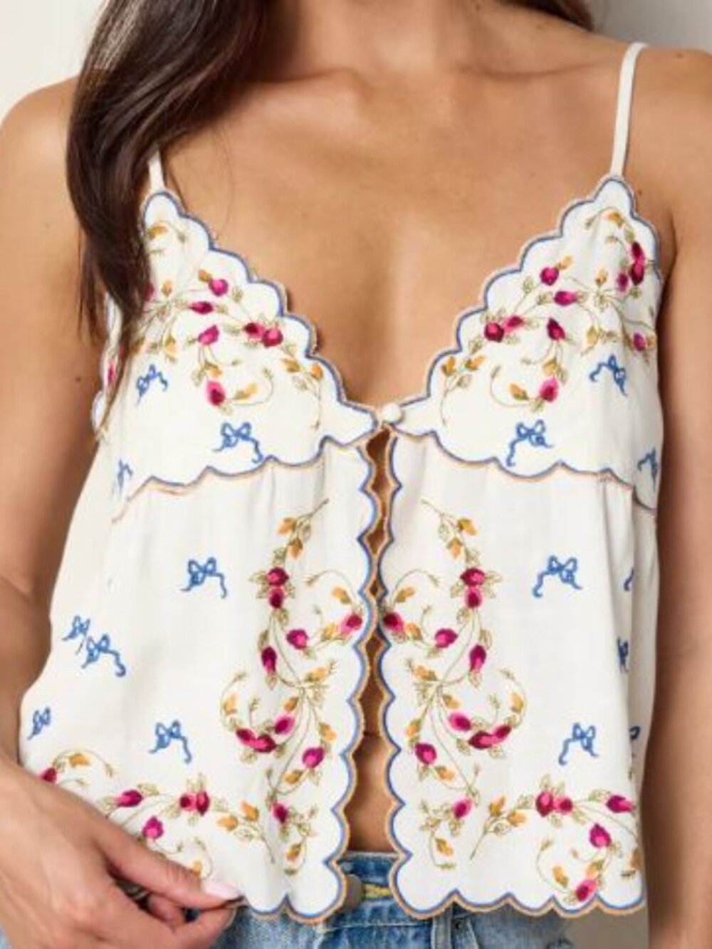 NATURAL LIFE Cream Embroidered Cami Top Pink & Blue Floral Detail size XL